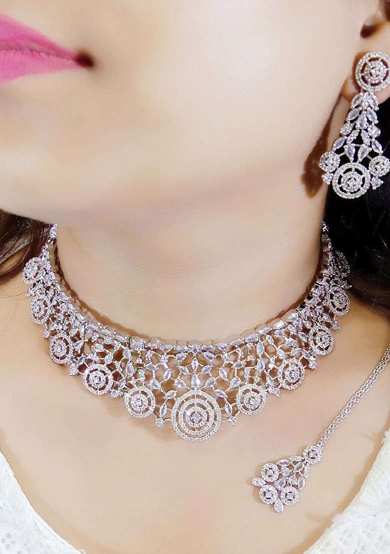 Silver Plated American Diamond Stone Studded Jewellery Set - Indya