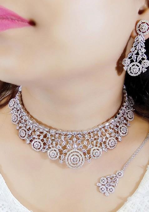 Silver Plated American Diamond Stone Studded Jewellery Set