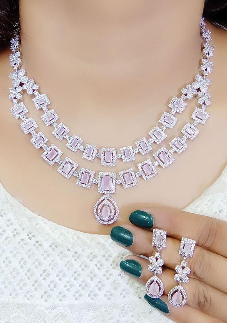 Silver Plated Ad Studded Necklace And Earrings