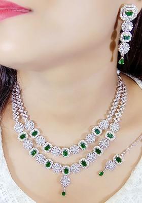 Green Silver Plated American Diamond Necklace Set With Maang Tikka