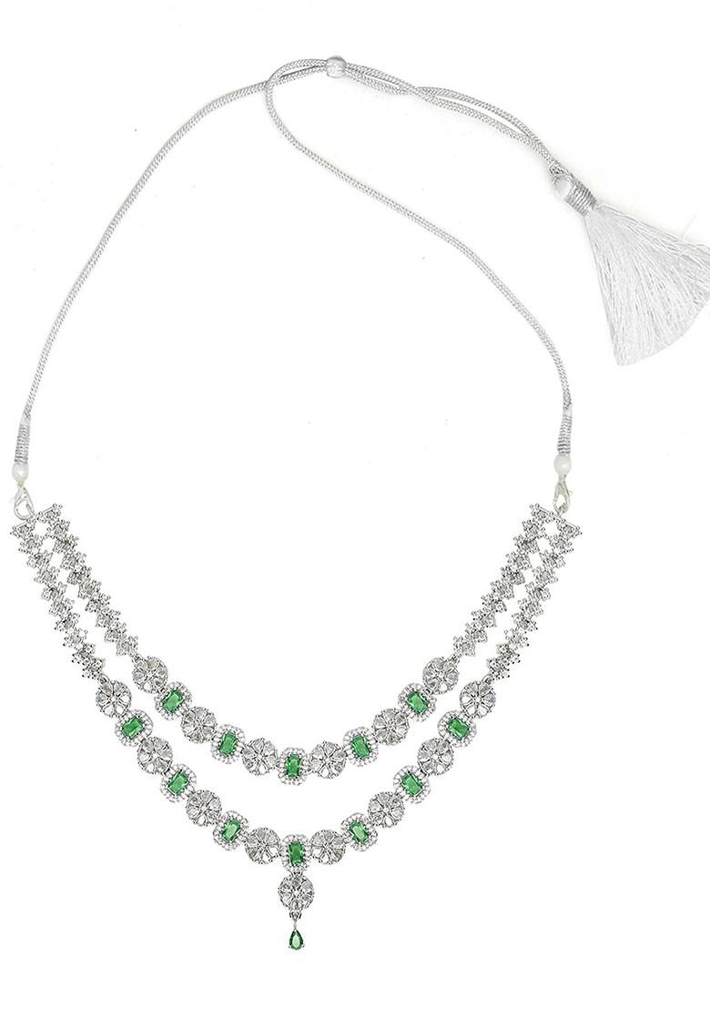 Green Silver Plated American Diamond Necklace Set With Maang Tikka