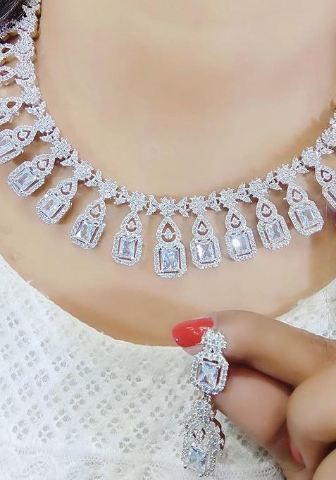 Silver Plated American Diamond Studded Elegant Jewellery Set