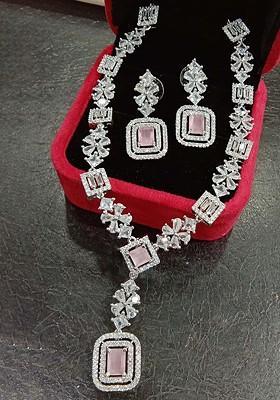 Pink Silver Plated American Diamond Stone Studded Jewellery Set