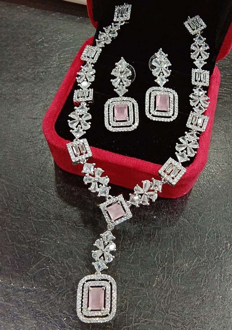 Pink Silver Plated American Diamond Stone Studded Jewellery Set - Indya