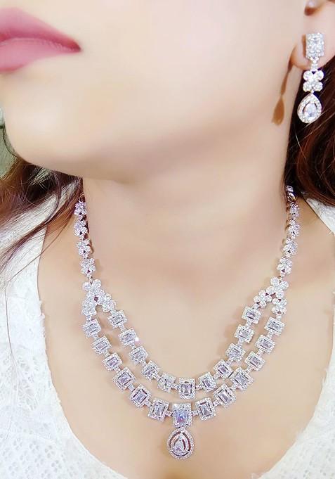 Silver Plated American Diamond Studded Jewellery Set