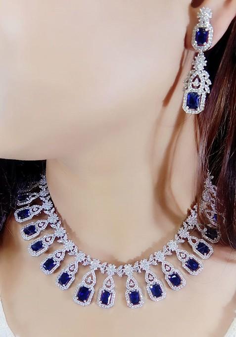 Blue Silver Plated American Diamond Studded Jewellery Set