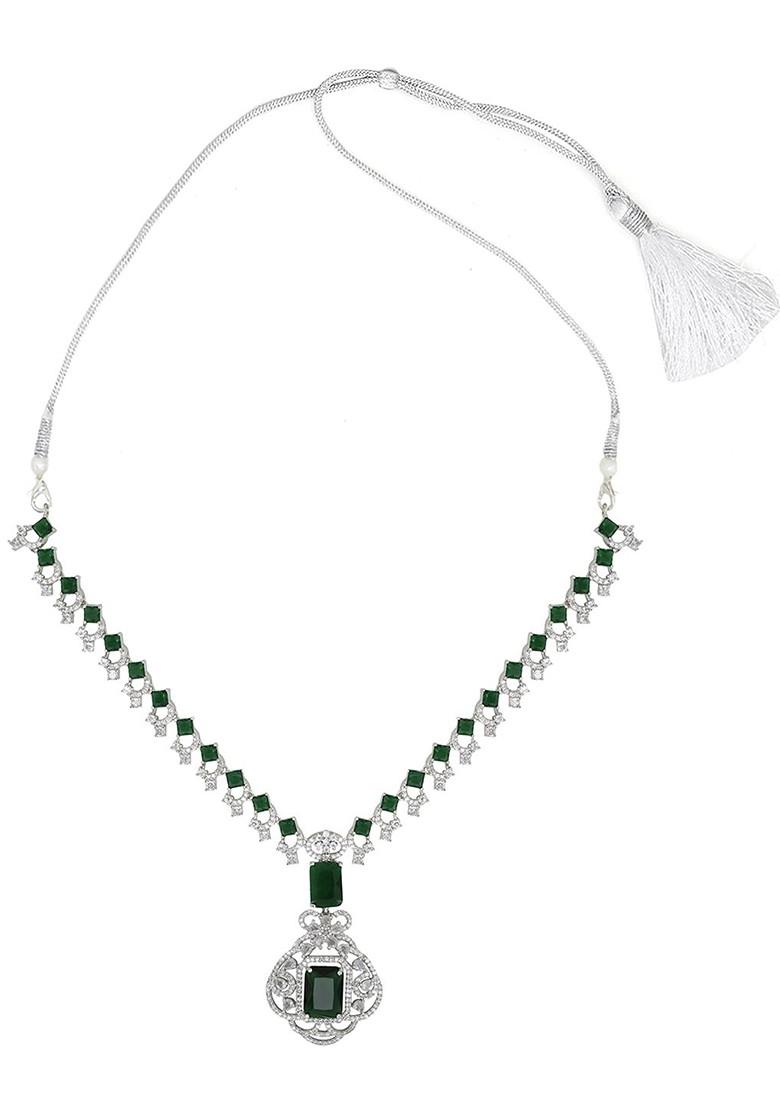 Silver Plated Ad Studded Necklace And Earrings With Maang Tika