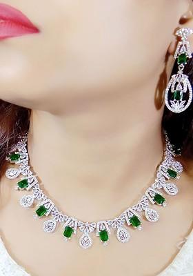 Green Silver Plated American Diamond Elegant Jewellery Set