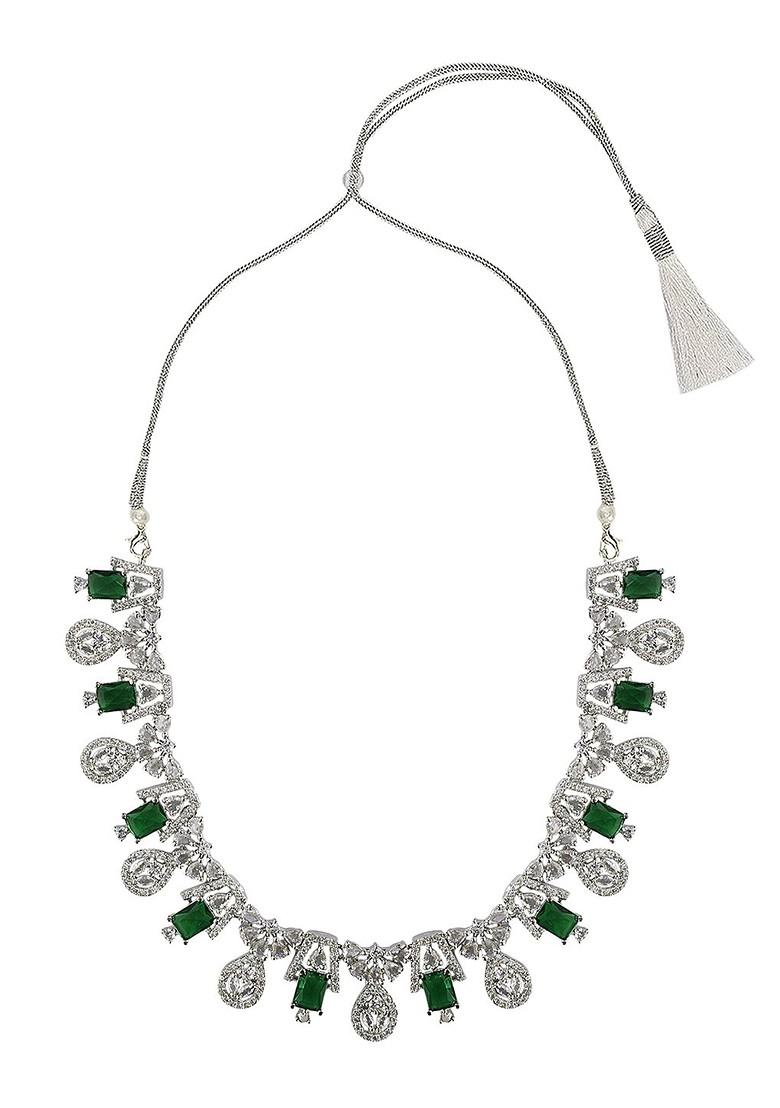 Green Silver Plated American Diamond Elegant Jewellery Set