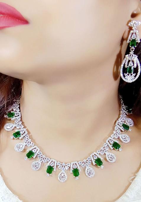 Green Silver Plated American Diamond Elegant Jewellery Set