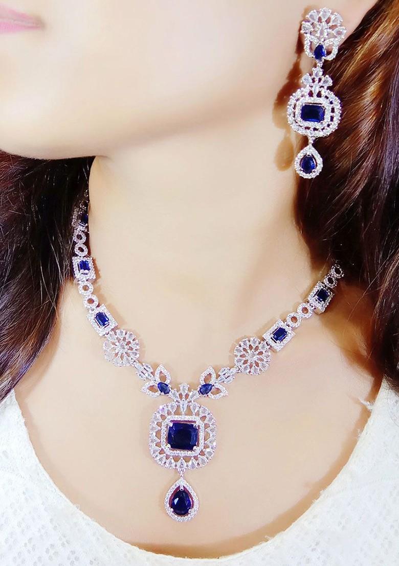 Blue Silver Plated American Diamond Elegant Jewellery Set