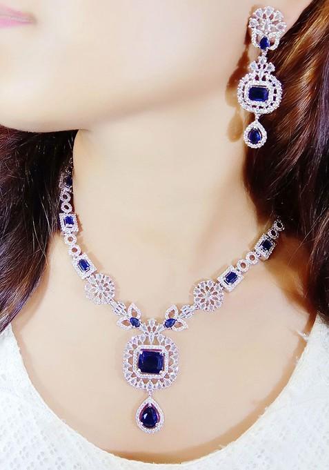 Blue Silver Plated American Diamond Elegant Jewellery Set