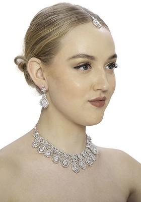 Silver Plated Ad Studded Necklace And Earrings With Maang Tika