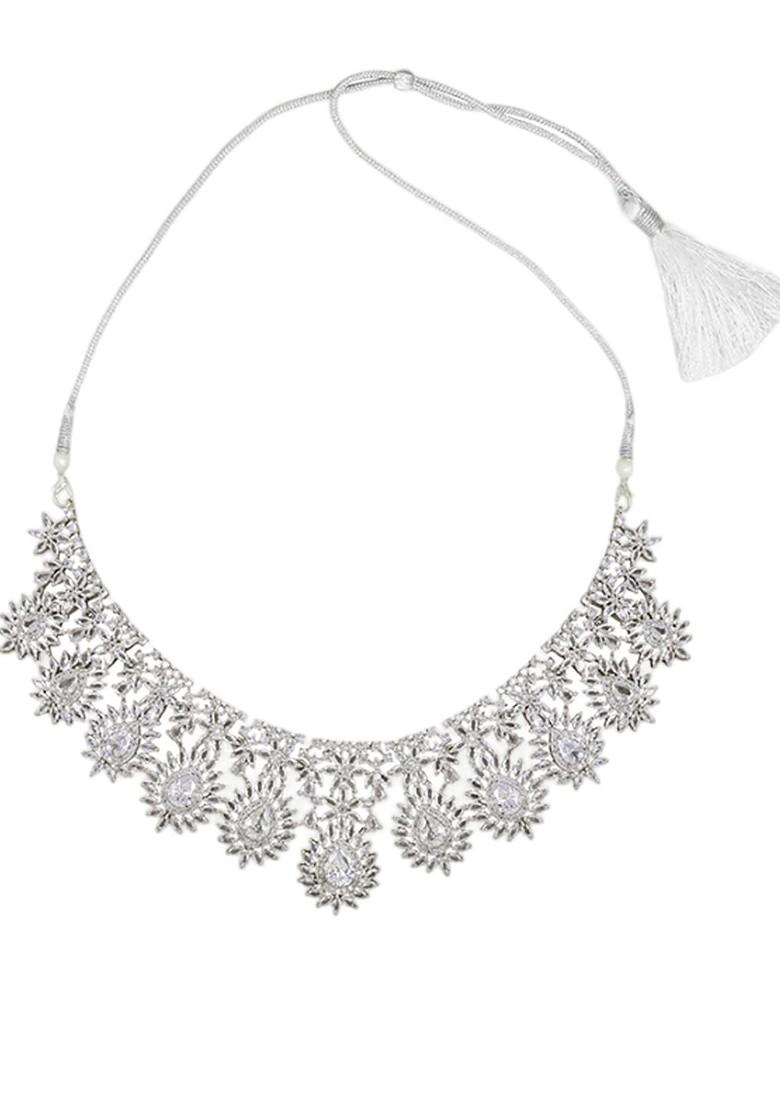 Silver Plated Ad Studded Necklace And Earrings With Maang Tika