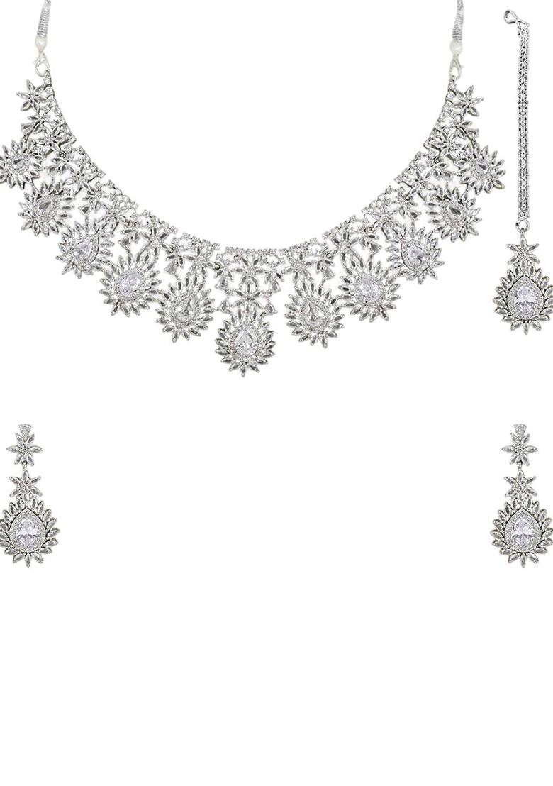 Silver Plated Ad Studded Necklace And Earrings With Maang Tika