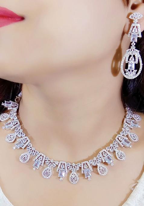 White Silver Plated American Diamond Elegant Jewellery Set