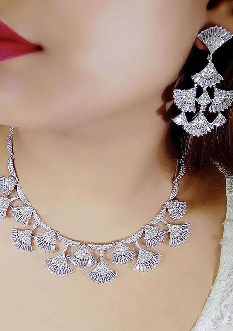 White Silver Plated American Diamond Elegant Jewellery Set