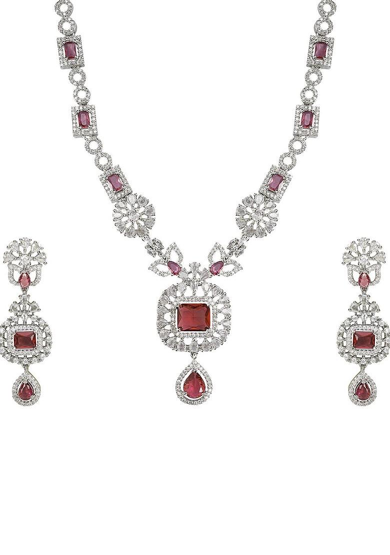 Red Silver Plated American Diamond Elegant Jewellery Set