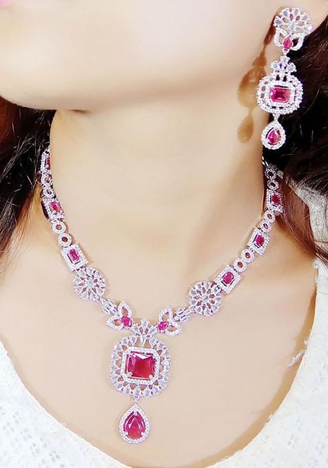Red Silver Plated American Diamond Elegant Jewellery Set