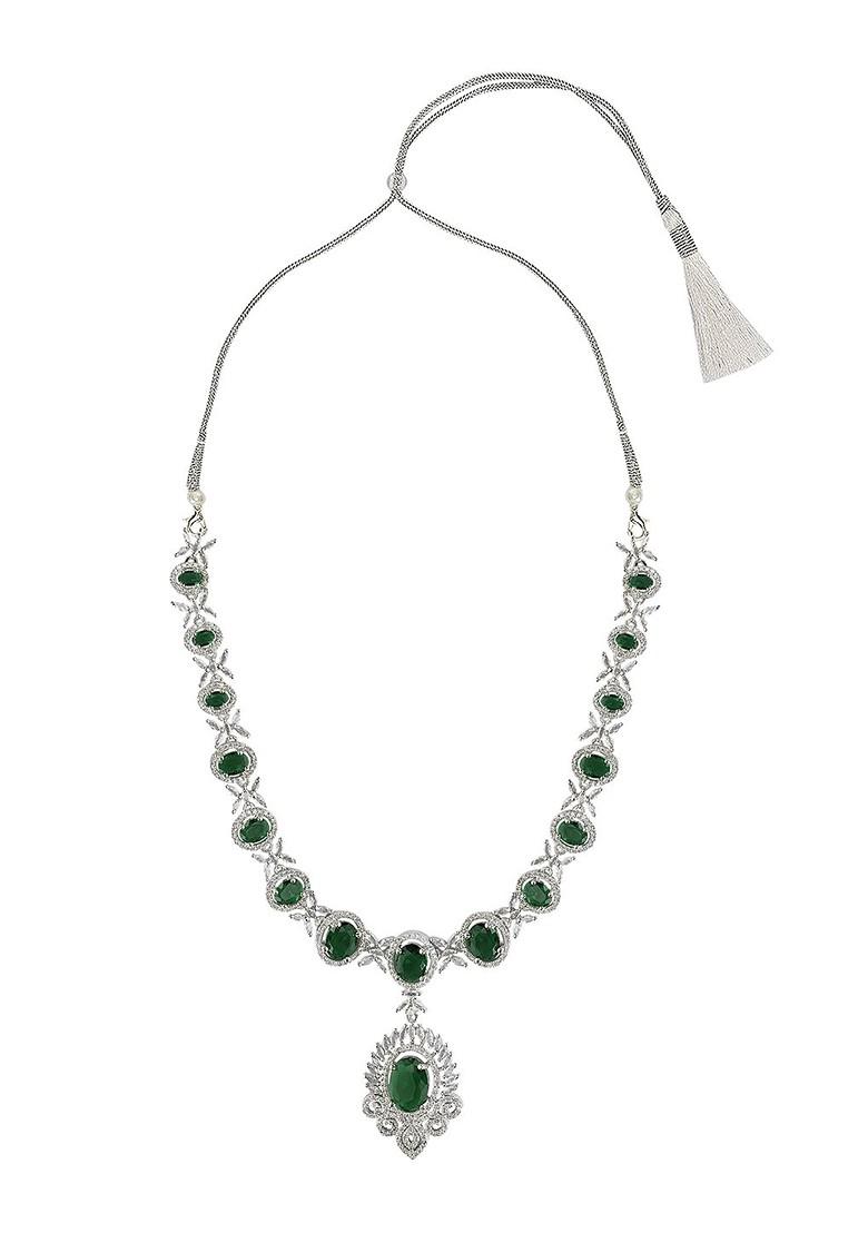 Green Silver Plated American Diamond Necklace Set With Maang Tikka