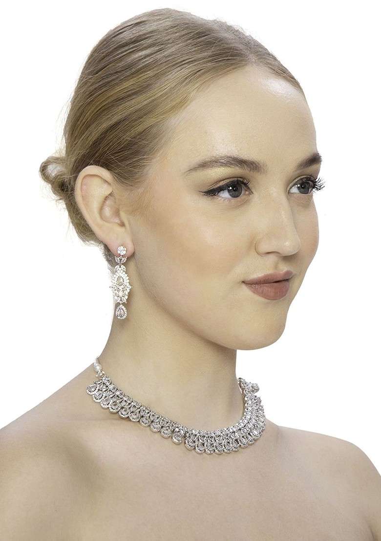 White Silver Plated American Diamond Studded Jewellery Set - Indya