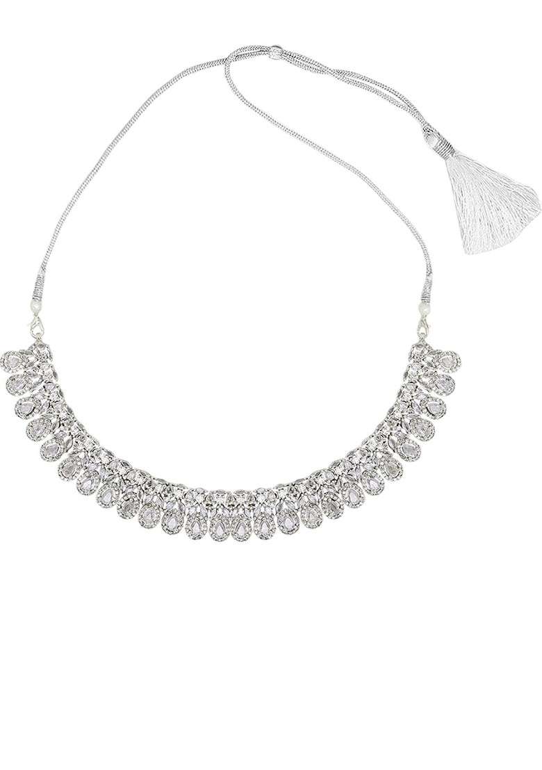White Silver Plated American Diamond Studded Jewellery Set - Indya