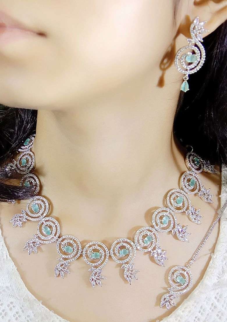 Green Silver Plated American Diamond Stone Studded Jewellery Set - Indya