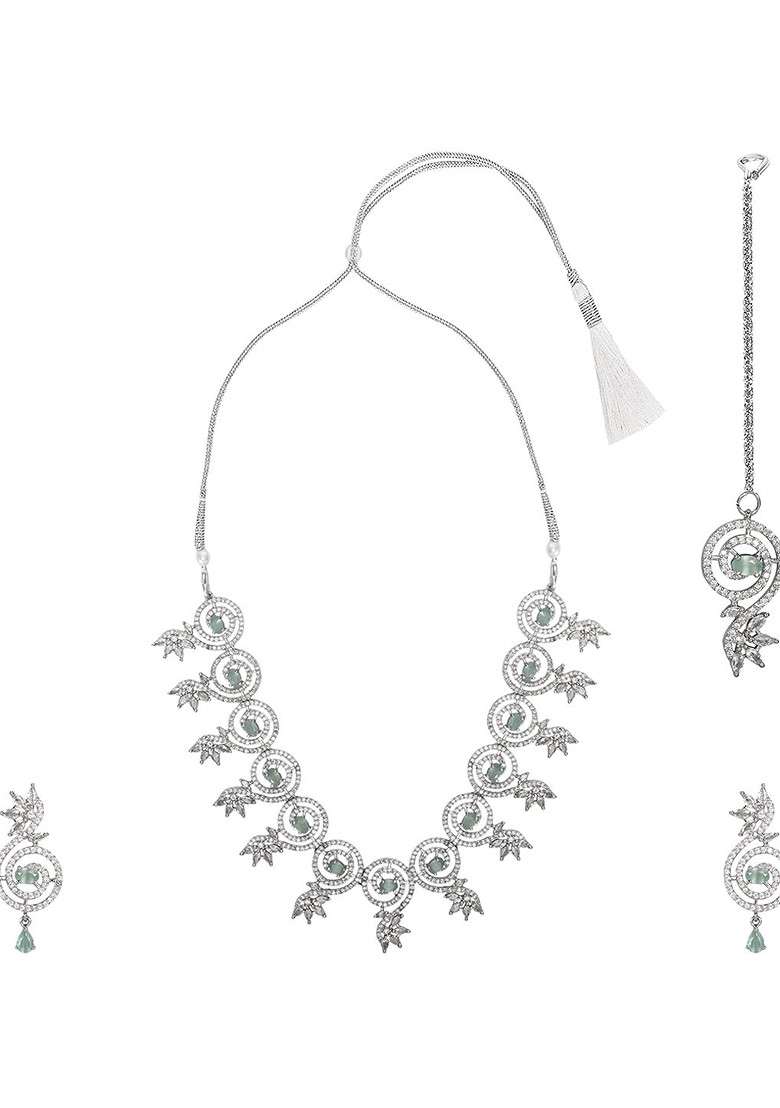 Green Silver Plated American Diamond Stone Studded Jewellery Set - Indya