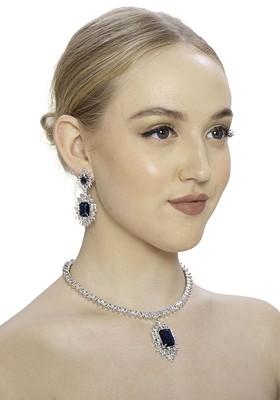 Blue Silver Plated American Diamond Studded Jewellery Set