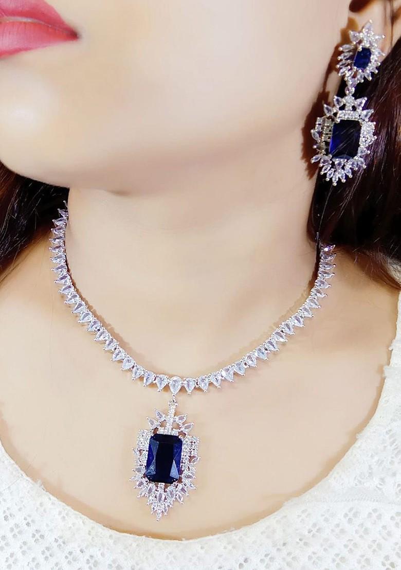 Blue Silver Plated American Diamond Studded Jewellery Set
