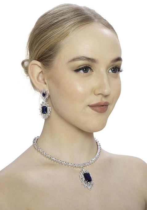 Blue Silver Plated American Diamond Studded Jewellery Set