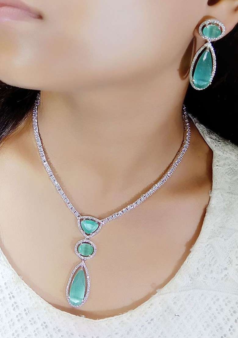 Silver Plated Ad Stone Studded Jewellery Set - Indya