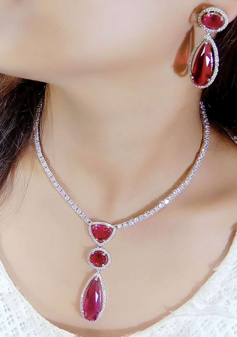 Silver Plated American Diamond Stone Studded Jewellery Set - Indya