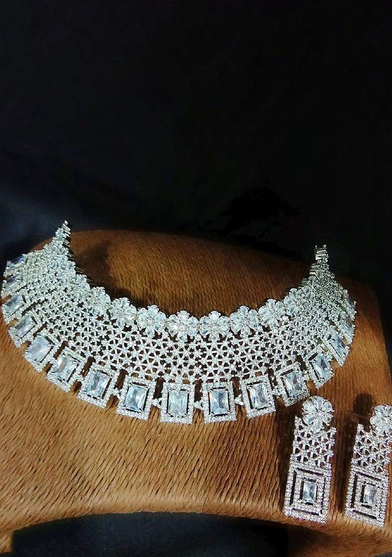 Silver Plated Ad Stone Studded Jewellery Set - Indya