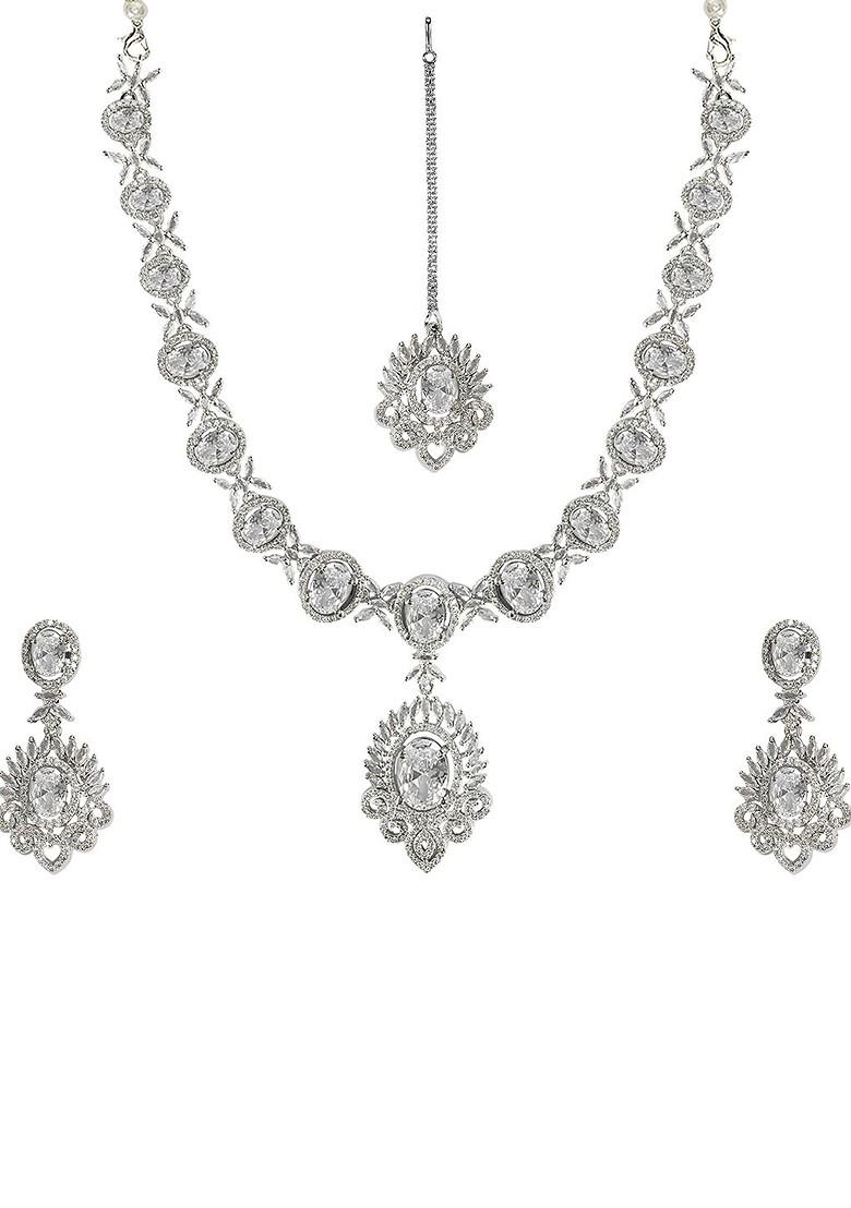 White American Diamond Necklace Set With Maang Tikka