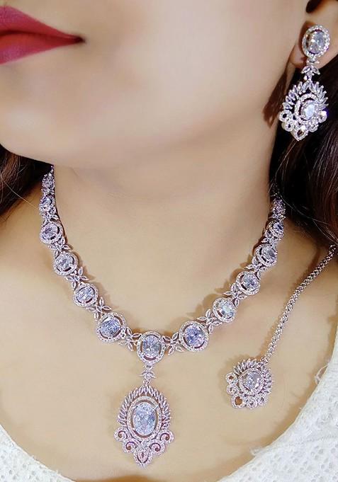 White American Diamond Necklace Set With Maang Tikka