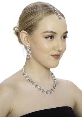 Silver Plated Ad Studded Necklace And Earrings With Maang Tika