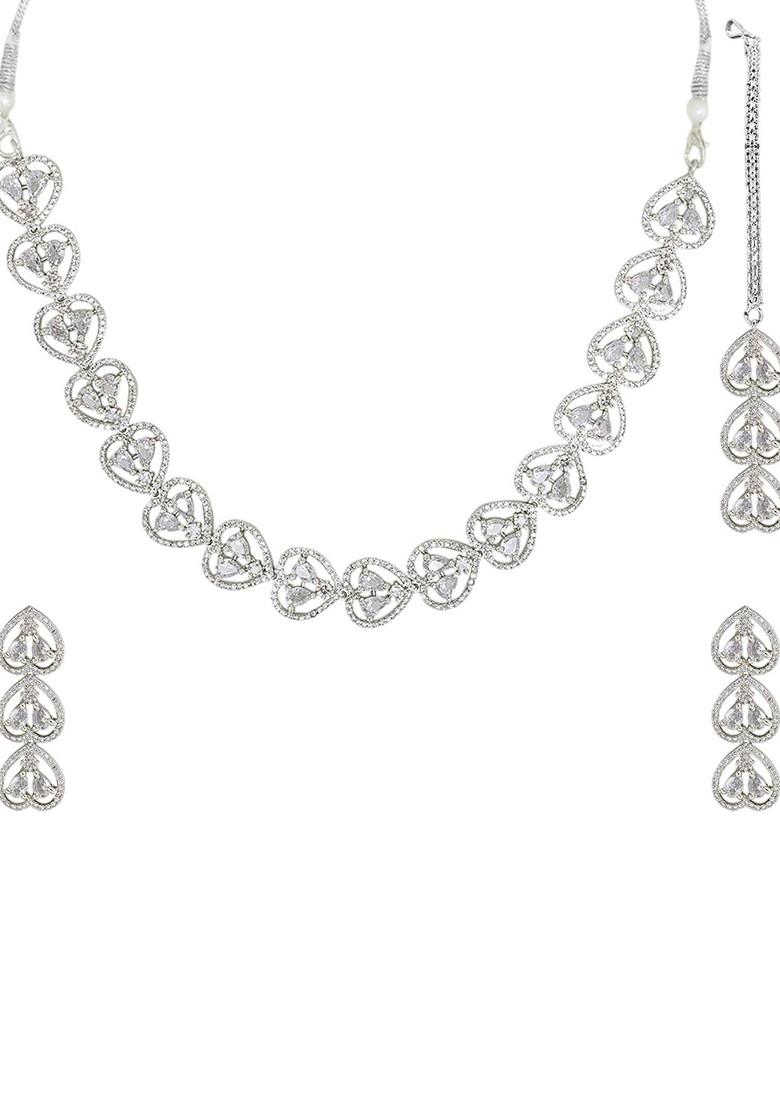 Silver Plated Ad Studded Necklace And Earrings With Maang Tika