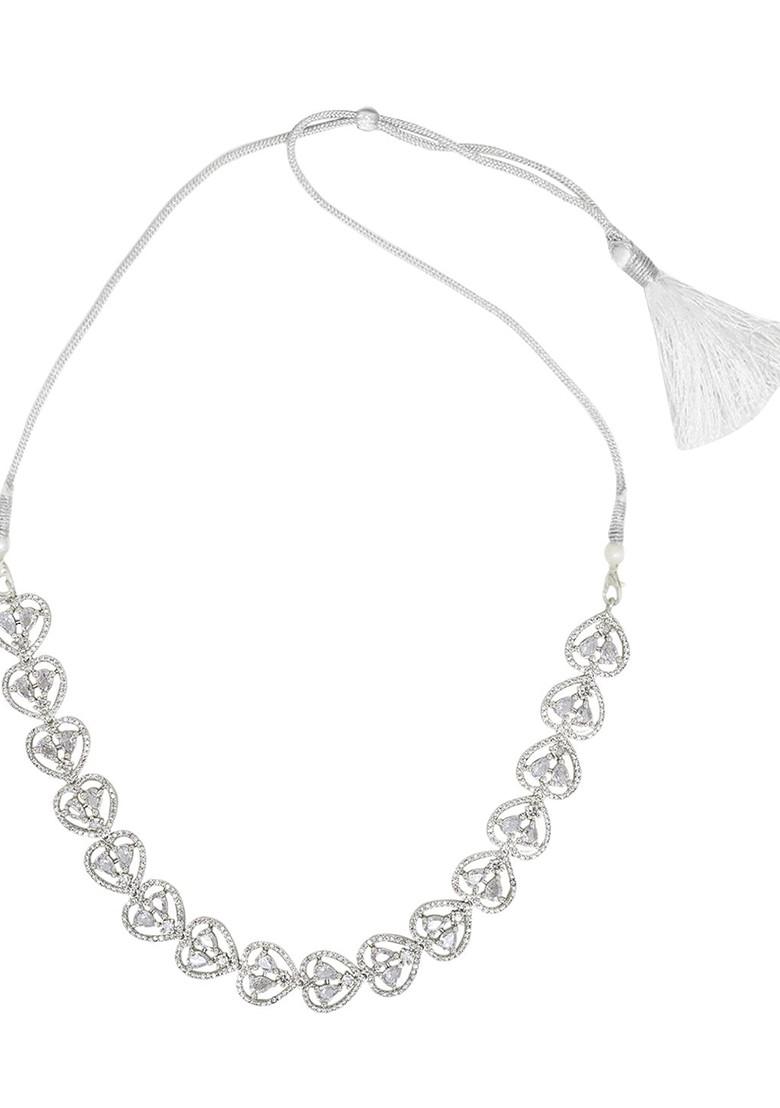 Silver Plated Ad Studded Necklace And Earrings With Maang Tika