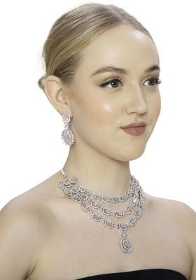 Silver Plated Ad Studded Necklace And Earrings