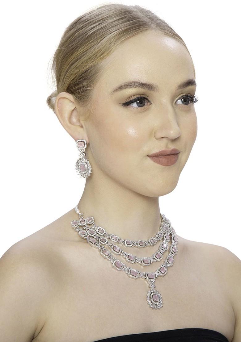 Silver Plated Ad Studded Necklace And Earrings