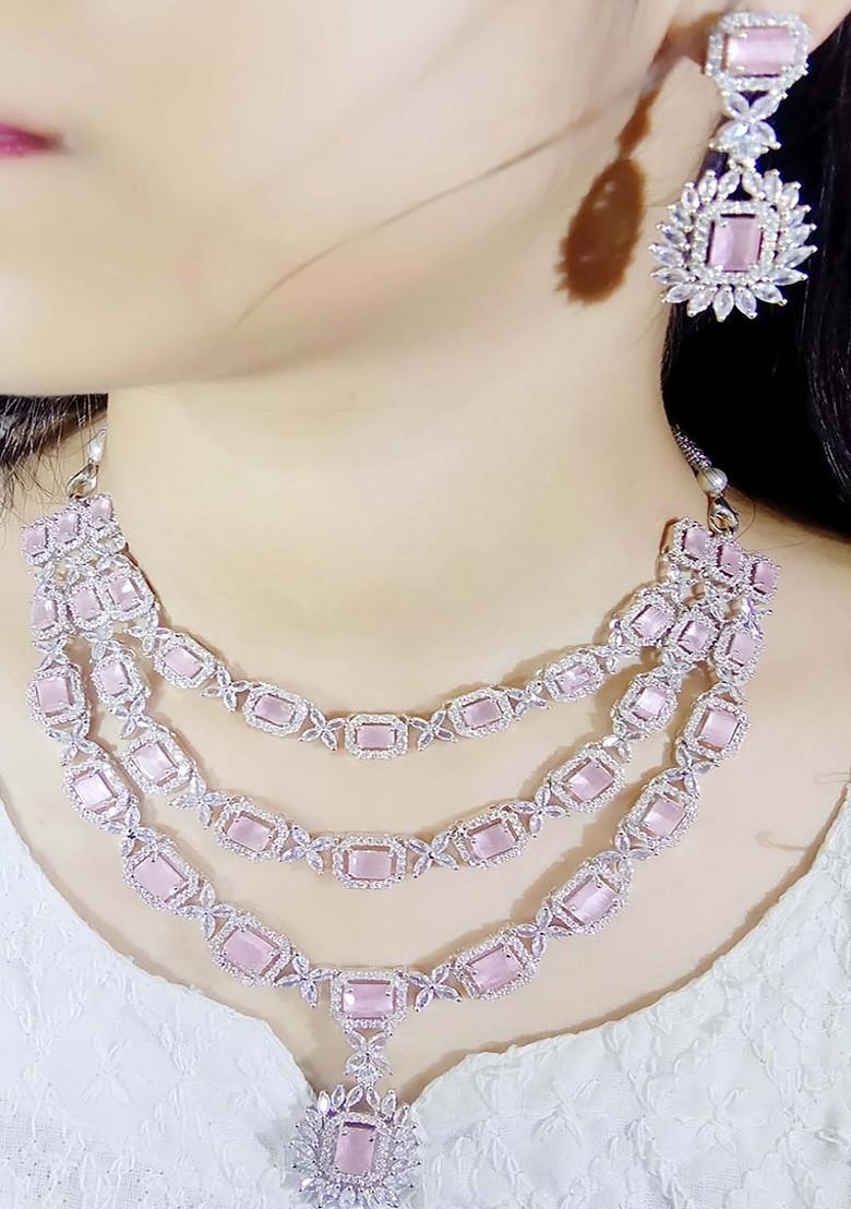 Silver Plated Ad Studded Necklace And Earrings