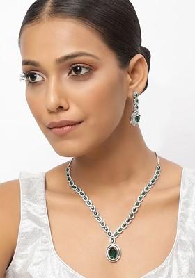 Silver Rhodium Plated Ad Stone Studded Necklace And Earrings