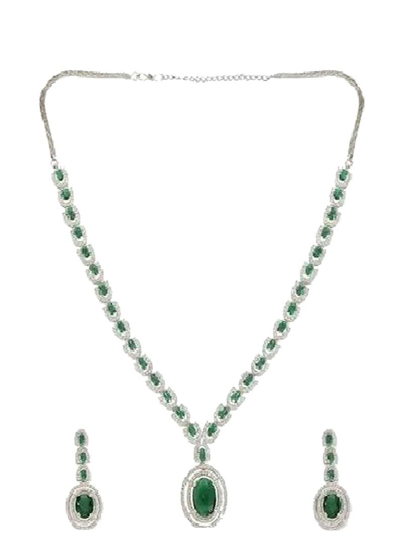 Silver Rhodium Plated Ad Stone Studded Necklace And Earrings