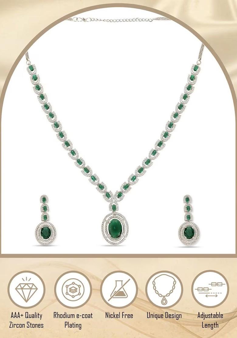 Silver Rhodium Plated Ad Stone Studded Necklace And Earrings