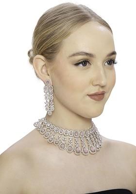 Silver Plated Ad Studded Necklace And Earrings