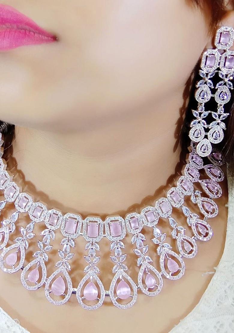 Silver Plated Ad Studded Necklace And Earrings