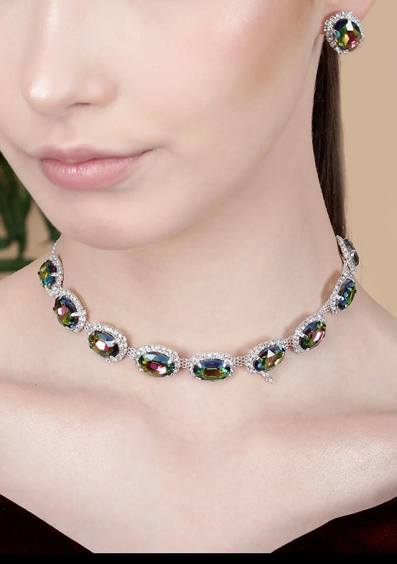 Multicolor 9 Round Stone Ad Necklace Set For Women