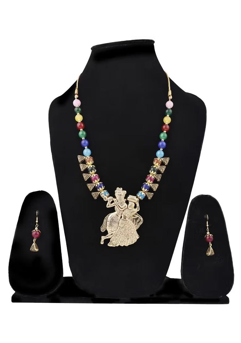Multicolor And Triangle Beads Radha Krishna Pendant Necklace For Women
