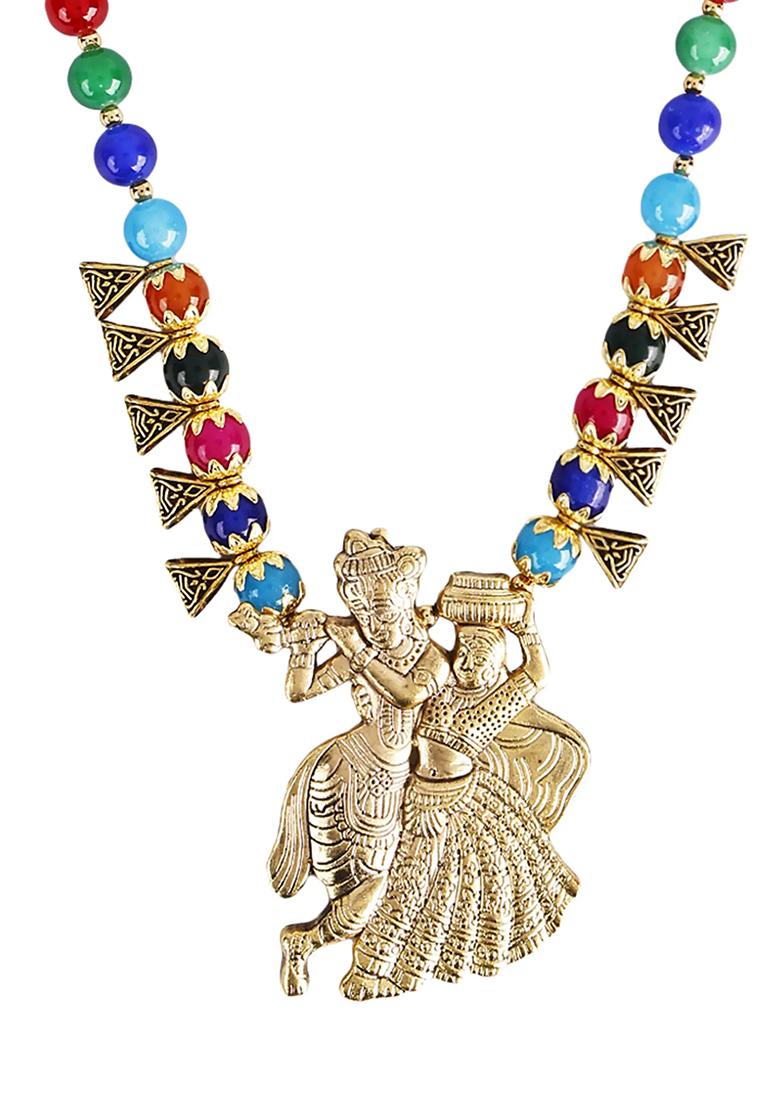 Multicolor And Triangle Beads Radha Krishna Pendant Necklace For Women